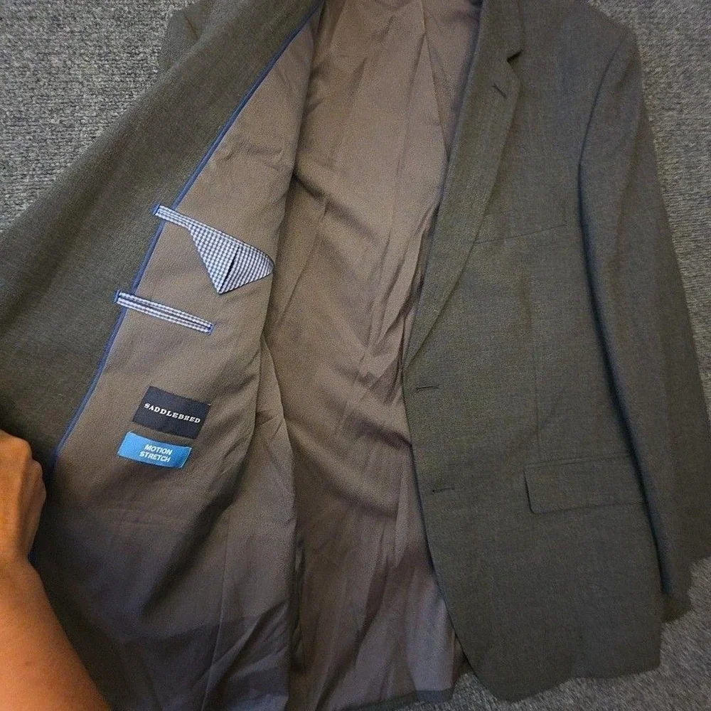 Saddlebred Perry Ellis Suit Mens 44R 36x32 Gray Check Slim Stretch 2 Piece Set